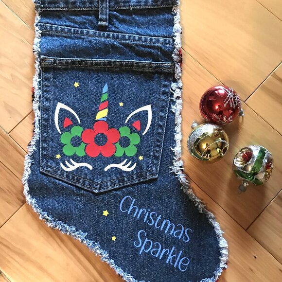 Handmade Christmas Stocking w/Jean Pocket, Unicorn Graphic, Recycled Denim - Picture 8 of 9